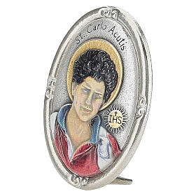 Tischmedaille Carlo Acutis, farbig – silberfarbenes Zamak, 40 × 30 mm