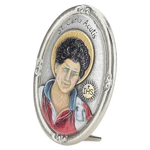 Tischmedaille Carlo Acutis, farbig – silberfarbenes Zamak, 40 × 30 mm 2
