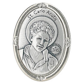 Tischmedaille Carlo Acutis – silberfarbenes Zamak, 40 × 30 mm