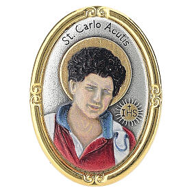 Tischmedaille Carlo Acutis, farbig, mit goldfarbenem Rahmen – Zamak, 40 × 30 mm