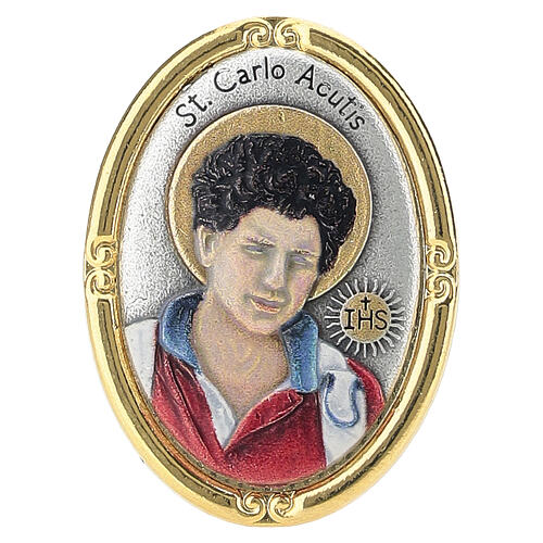 Colourful 1.6x1.2 in golden table medal of Carlo Acutis in zamak 1