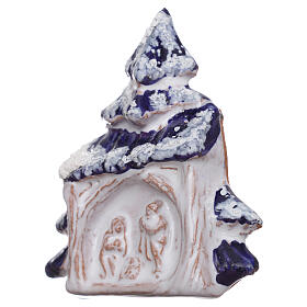 Magnet aus Terrakotta von Deruta in Form einer kleinen Hűtte und Weihnachtsbaum mit Christi Geburt