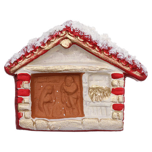 Magnet with red hut and Nativity Scene in Deruta terracotta 1