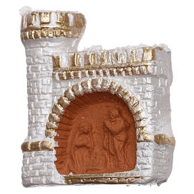 Magnet aus Terrakotta von Deruta mit weiß-goldenem Schloss und Christi Geburt