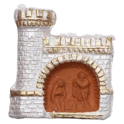 Magnet aus Terrakotta von Deruta mit weiß-goldenem Schloss und Christi Geburt 1