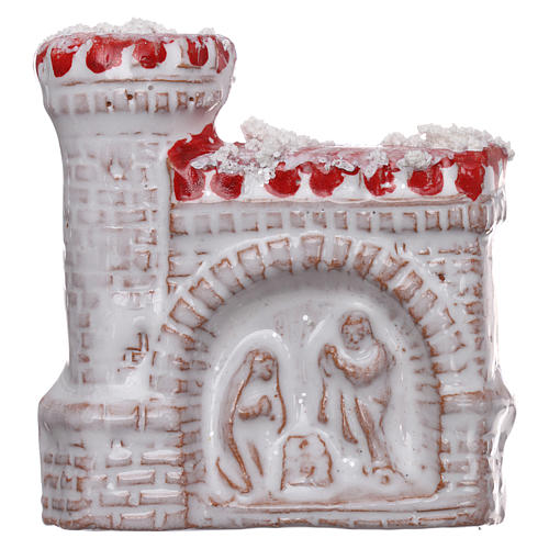 Magnet with red and white castle and Nativity Scene in Deruta terracotta 1