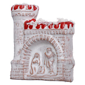 Calamita in terracotta Deruta con castello e Natività color bianco e rosso 