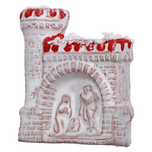 Calamita in terracotta Deruta con castello e Natività color bianco e rosso  2