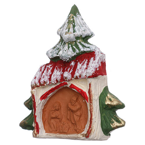 Magnet aus Terrakotta von Deruta mit schneebedecktem Weihnachtsbaum, Häuschen und Christi Geburt 2