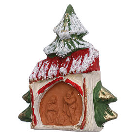 Terracotta magnet snowy Christmas tree with house and Nativity Deruta
