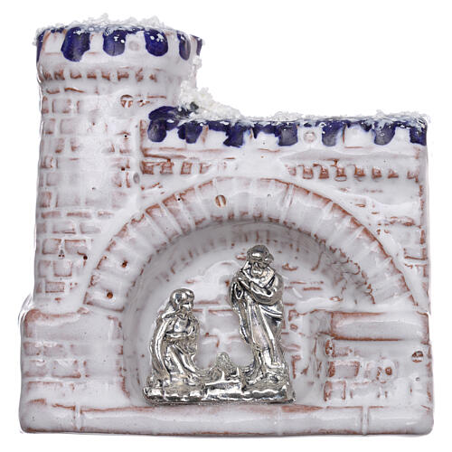 Magnet aus Terrakotta von Deuta mit weiß-blauem Schloss und Christi Geburt aus Metall 1