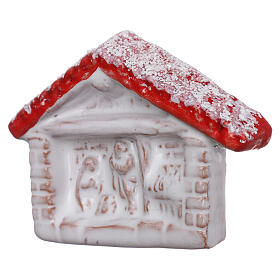 Magnet aus rot-weißer polierter Terrakotta von Deruta mit Häuschen und Christi Geburt