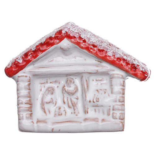 Magnet aus rot-weißer polierter Terrakotta von Deruta mit Häuschen und Christi Geburt 1