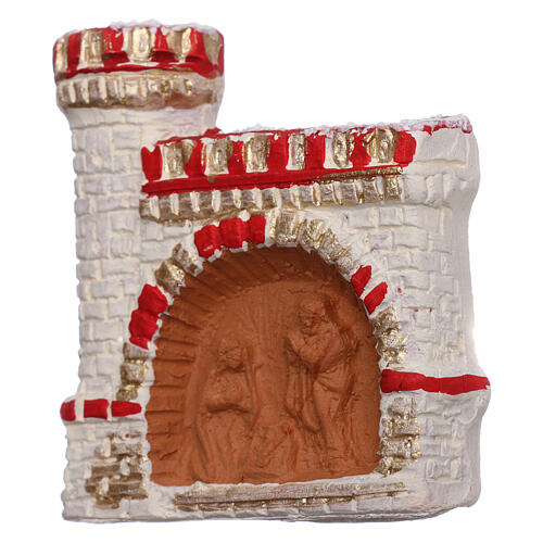 Magnet aus Terrakotta von Deruta mit gold-rotem Schloss und Christi Geburt 2