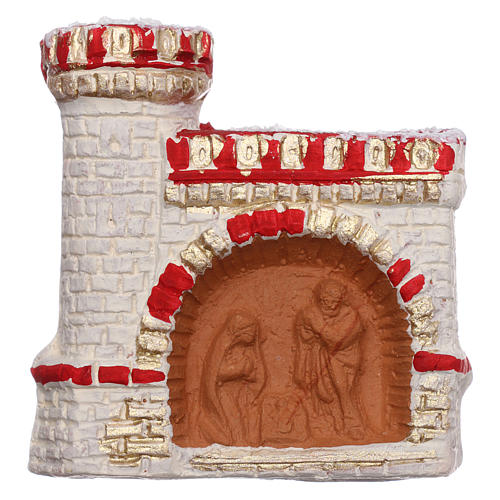 Magnet with red and gold castle and Nativity Scene in Deruta Terracotta 1