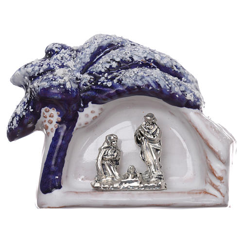 Magnet with blue tree and Nativity Scene in Deruta terracotta 1