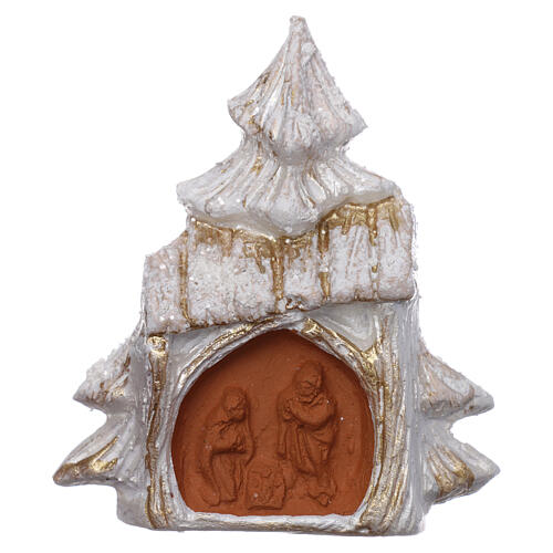 Magnet aus Terrakotta von Deruta mit weiß-goldfarbigem Weihnachtsbaum und Christi Geburt 1