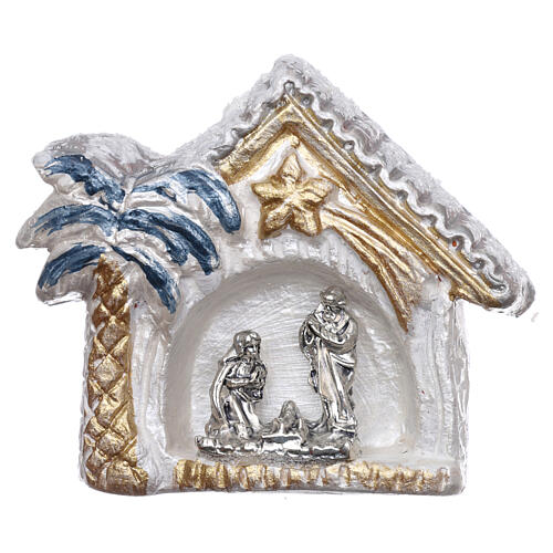 Magnet aus Terrakotta von Deruta mit gold-weißer kleiner Hűtte, Palme und Christi Geburt 1