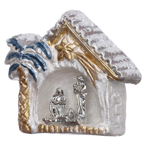 Magnet aus Terrakotta von Deruta mit gold-weißer kleiner Hűtte, Palme und Christi Geburt 2