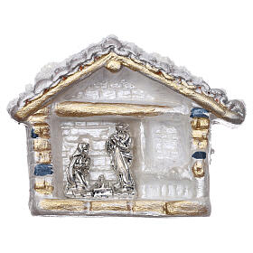 Magnet aus Terrakotta von Deruta in Form einer schneebedeckten Hűtte mit Christi Geburt