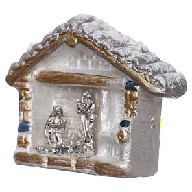 Magnet aus Terrakotta von Deruta in Form einer schneebedeckten Hűtte mit Christi Geburt