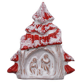 Magnet aus Terrakotta von Deruta in Form eines roten schneebedeckten Weihnachtsbaums mit Christi Geburt