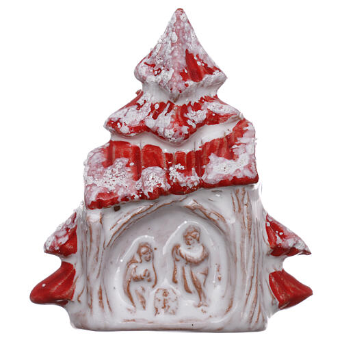 Magnet aus Terrakotta von Deruta in Form eines roten schneebedeckten Weihnachtsbaums mit Christi Geburt 1