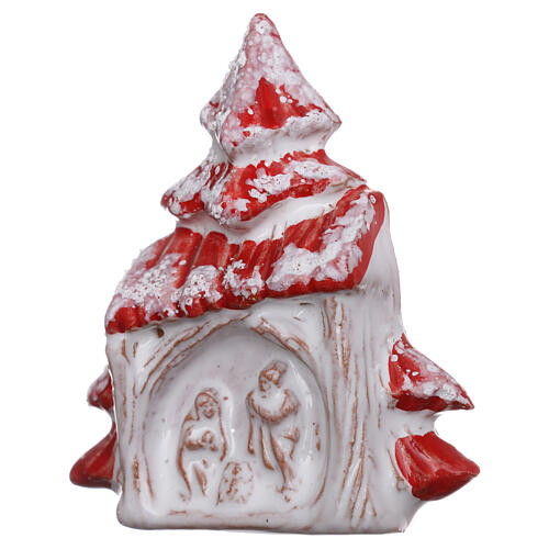 Magnet aus Terrakotta von Deruta in Form eines roten schneebedeckten Weihnachtsbaums mit Christi Geburt 2