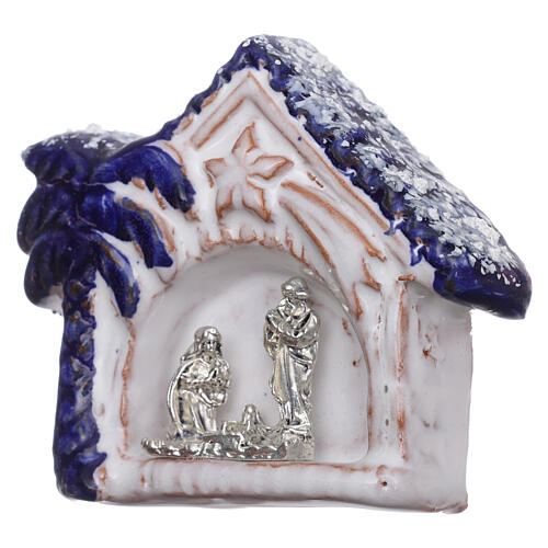 Magnet aus Terrakotta von Deruta mit kleiner schneebedeckten Hűtte mit blauer Palme und Christi Geburt 2