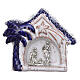 Magnet aus Terrakotta von Deruta mit kleiner schneebedeckten Hűtte mit blauer Palme und Christi Geburt s1