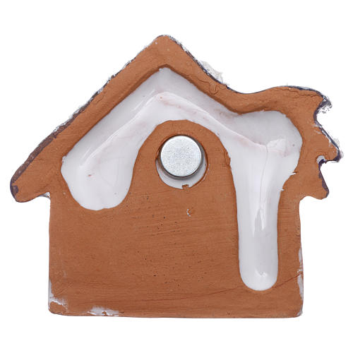 Magnet snowy hut with blue palm tree and Nativity Scene in Deruta terracotta 3