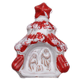 Magnet aus Terrakotta von Deruta in Form eines glanzroten Weihnachtsbaums mit Christi Geburt