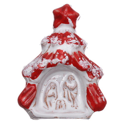 Magnet aus Terrakotta von Deruta in Form eines glanzroten Weihnachtsbaums mit Christi Geburt 1