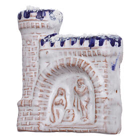 Magnet aus Terrakotta von Deruta in Form eines weißen Schlosses mit einem Flachrelief von Christi Geburt