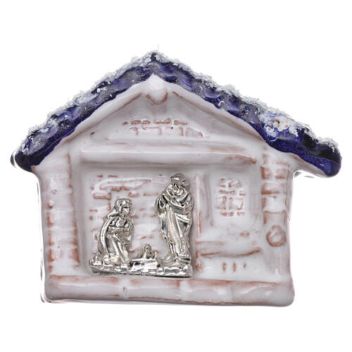 Magnet aus Terrakotta von Deruta mit einer kleinen Hűtte mit blauem Dach und Christi Geburt 1
