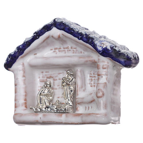 Magnet aus Terrakotta von Deruta mit einer kleinen Hűtte mit blauem Dach und Christi Geburt 2