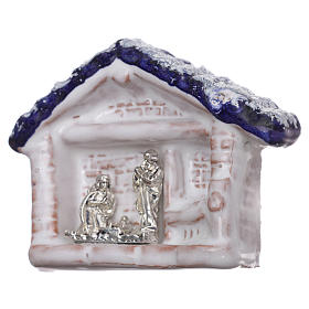 Íman cabaninha com telhado azul e Natividade terracota Deruta