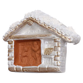 Magnet white hut with golden finishings and Nativity Scene in Deruta terracotta