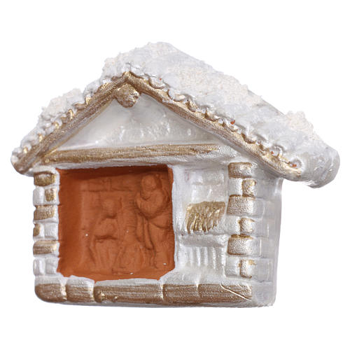 Magnet white hut with golden finishings and Nativity Scene in Deruta terracotta 2