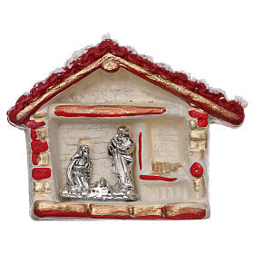 Magnet aus Terrakotta von Deruta in Form eines roten, weißen und goldfarbigen Häuschens mit Christi Geburt