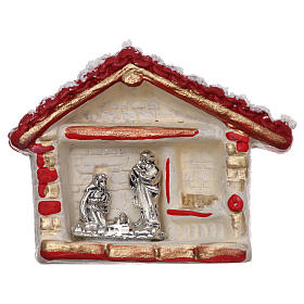 Aimant maison rouge, or et blanche avec Sainte Famille terre cuite Deruta