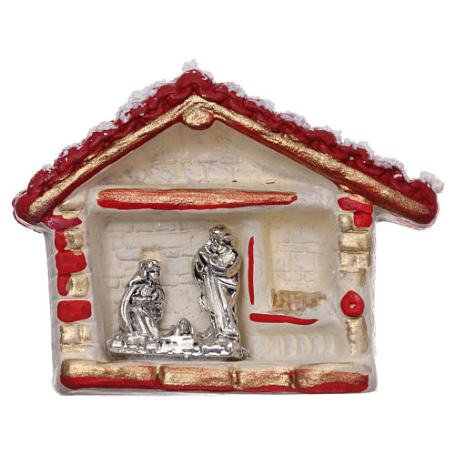 Magnes domek czerwony złoty i biały z terakoty z Deruty, ze sceną narodzin Jezusa 1