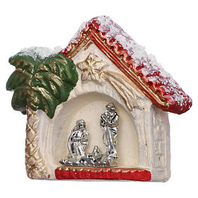 Magnet with Nativity in Deruta terracotta, shack and golden palm tree