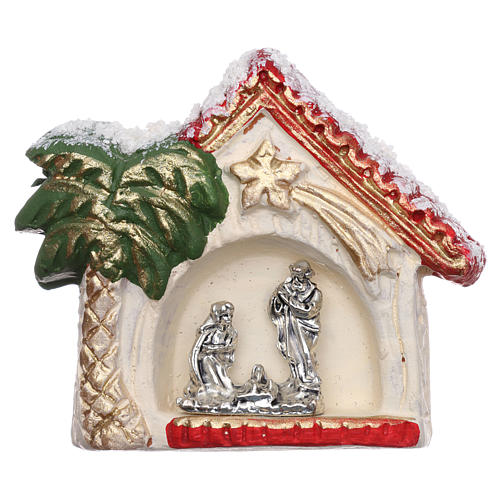 Magnet with Nativity in Deruta terracotta, shack and golden palm tree 1