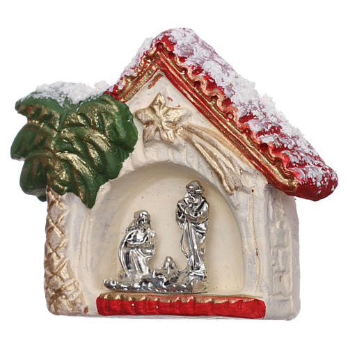 Magnet with Nativity in Deruta terracotta, shack and golden palm tree 2
