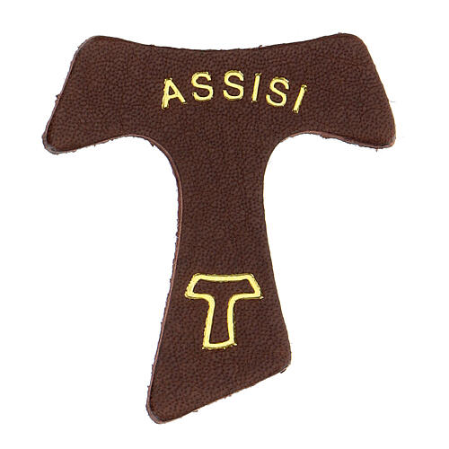 Brown leather magnet with golden Tau Assisi 1