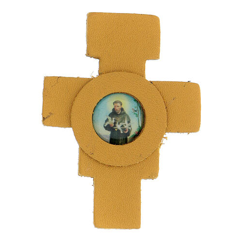Aimant croix avec Saint François cuir véritable jaune 1