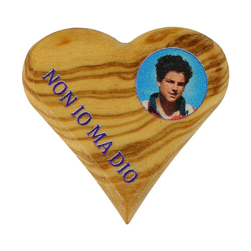 Magnete legno ulivo cuore Carlo Acutis 3x3 cm frase 1