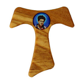 Olivewood tau-shaped magnet with Carlo Acutis' image, 1.5x1.6 in