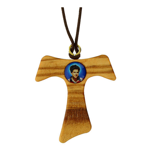 Pendant of Carlo Acutis, olivewood tau with brown lanyard 1